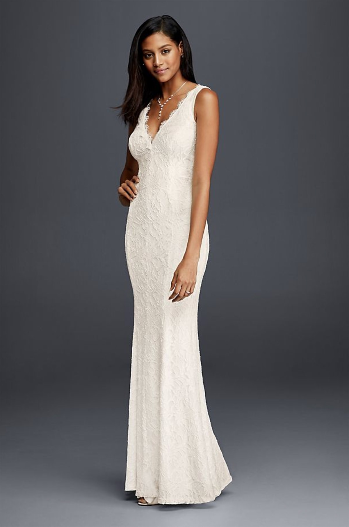 Plunging V-Neck Ruffle Strap Low Back Crepe Gown